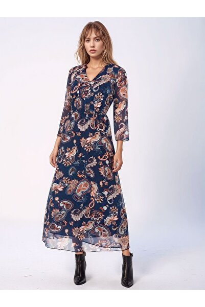 MAMAYAGA Women's V-Neck Lined Long Three-Quarter Sleeve Floral Tulle Stylish ...