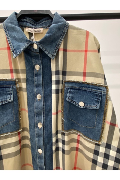Hatun Atila Denim Detailed Plaid Shirt 8619 - Beige