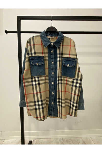 Hatun Atila Denim Detailed Plaid Shirt 8619 - Beige