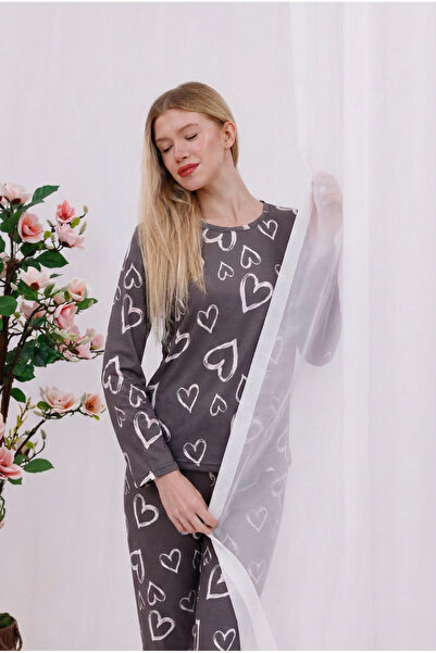 Arvin Pijama Women's Gray Heart Printed Soft Textured Long Sleeve Knitted Pajamas Set