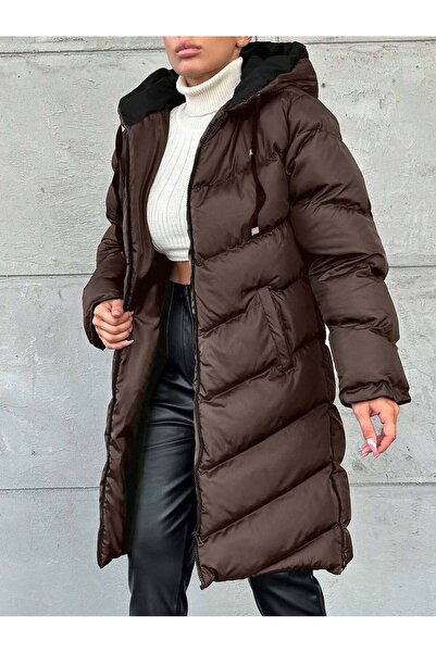 BLUSS Women's Hooded Long Fiber Filled Puffer Coat – Waterproof Winter Oversized Brown Jessica
