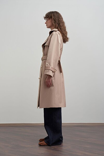 ALLDAY Μπεζ- διπλό πέτο Μακρύ παλτό με προστασία από τον αέρα