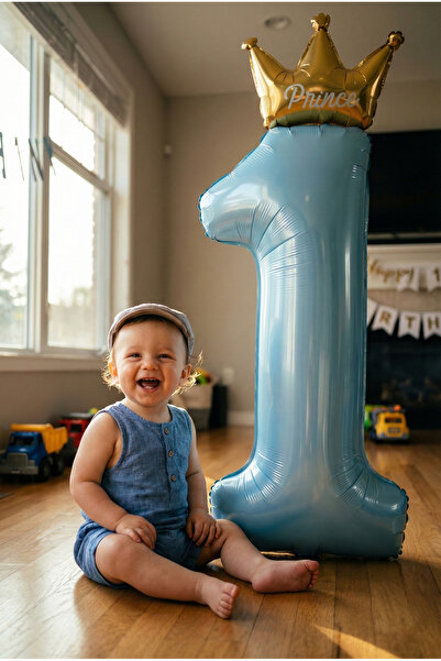 Noone 1 Yaş Doğum Günü Balonu - Mavi "Prince" Yazılı Altın Taçlı Dev Folyo Ba...