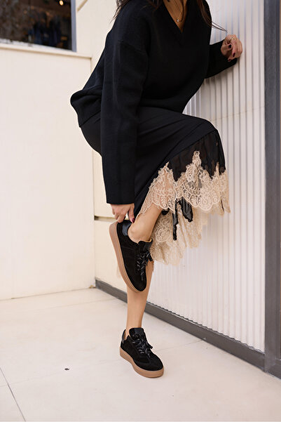 ANGELİNA JONES Fi̇ori̇n Women's Black Genuine Leather Suede Sneaker