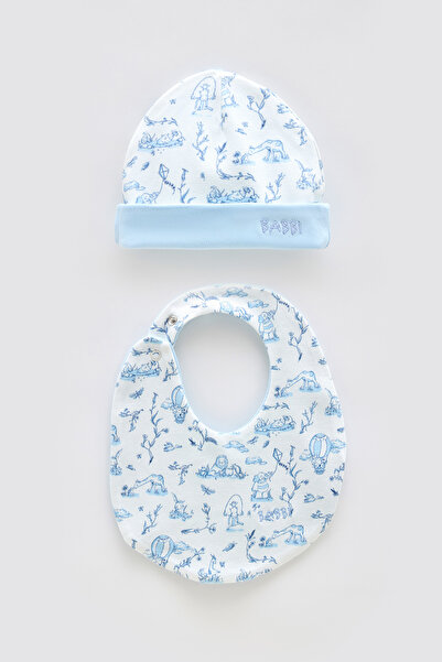 Atelier Babbi 100% Cotton Newborn Bib & Hat Set - Toile De Jouy / Blue