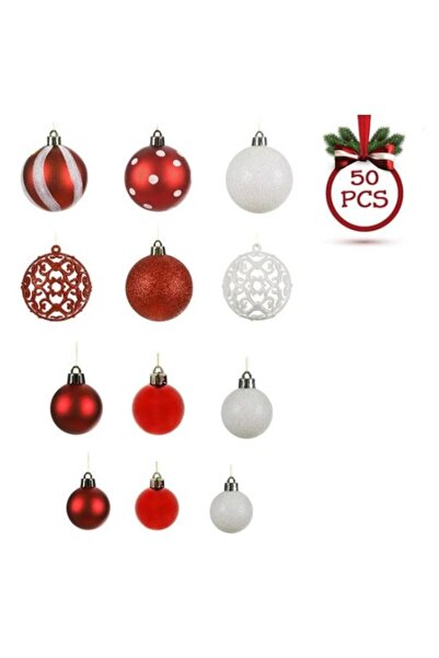 AB HOMES Christmas Bauble Set, Red & Candy White, 50 pcs, 3/4/6 cm