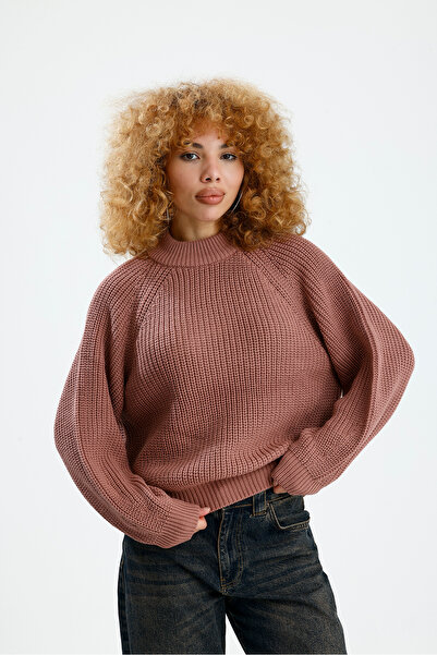 Figo Round Neck Raglan Sleeve Ribbed Knitwear Sweater