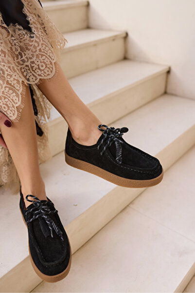 ANGELİNA JONES Lemari̇o Women's Black Suede Lace-Up Detail Rubber Sole Loafer
