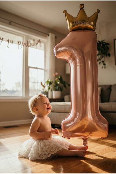 Noone 1 Year Old Birthday Balloon - Pink Giant Foil Balloon with Gold Crown a...