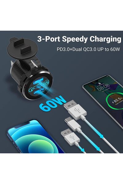 ELECDON Car Charger Socket 12V/24V Triple USB Outlet PD 3.0 & QC3.0 Aluminum with Touch Power Switch