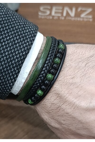 SEN'Z COLLECTİON Siyah ve Haki Örgü Deri Yeşil BONCUK Detaylı Erkek KOMBİN Bİ...