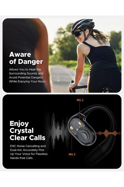 truefree سماعات O2 المفتوحة للأذن بتقنية البلوتوث 5.3 - مدة تشغيل تصل إلى 22 ساعة، وصوت جهير 15 مم، و4 ميكروفونات