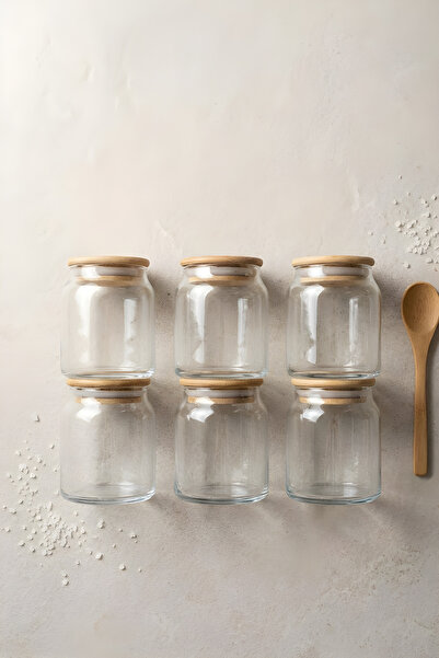 ZURİ DESİGN 6-Piece Glass Spice Jar Set – Jar Set with Bamboo Lids 275 Cc