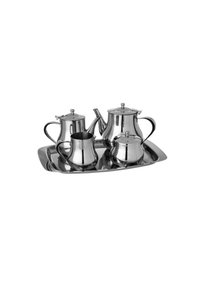 SQUALO 🌟 Luxury Stainless Steel Tea Set with Tray – 5 Pieces (1 Liter + 0.7 Liter + Sugar Bowl + Milk Pitcher + Tray 36x25) 🌟