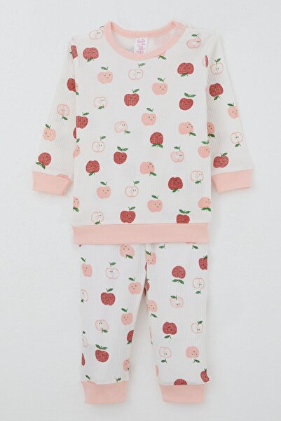 Breeze Baby Girl Pajama Set with Shoulder Patches, Cute Little Apple Pattern, 4 Months-1 Year, Ecru