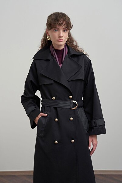 ALLDAY Μαύρο- διπλό πέτο Μακρύ παλτό με κορδόνια