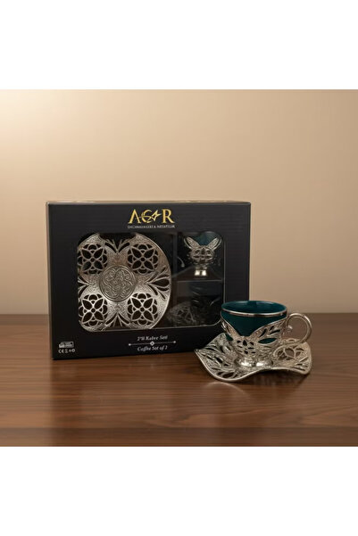 ACAR Luxury Turkish Coffee Set of 2 Cups with Holders and Saucers in Green & Silver – Made in Turkey