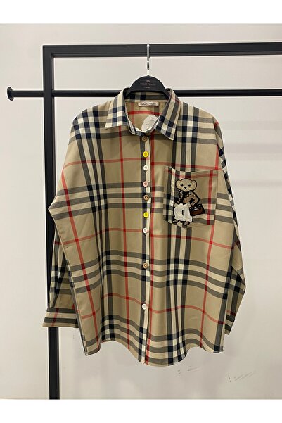 Hatun Atila Hatunatila Plaid Pocket Teddy Bear Embroidered Shirt 8761 Mink