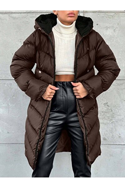 BLUSS Women's Hooded Long Fiber Filled Puffer Coat – Waterproof Winter Oversized Brown Jessica