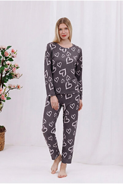 Arvin Pijama Women's Gray Heart Printed Soft Textured Long Sleeve Knitted Pajamas Set