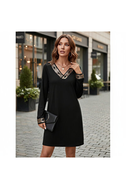 Kokosh moda Women's V-Neck Sequin Detailed Long Sleeve Dress