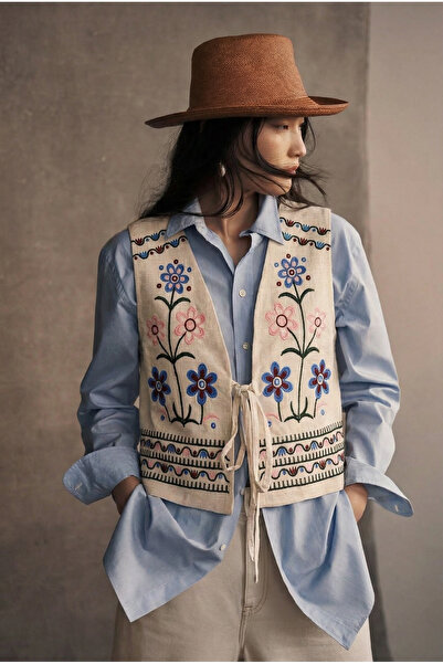 FEMELLE Women's Beige Breast-Tied Embroidered Cotton Vest