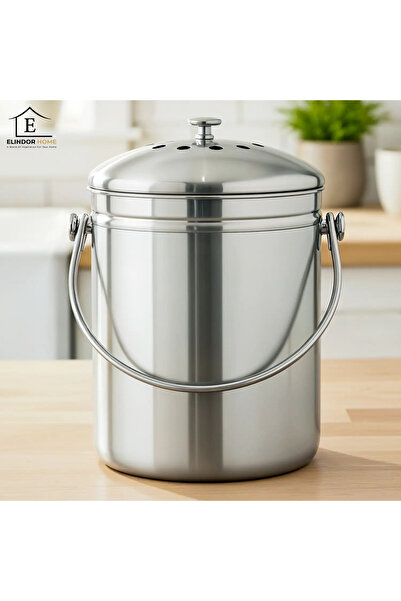 Elindor ® Waste Composting Basket, Capacity 4.9 L, 18 × 18 × 28 cm, Stainless Steel, Silver