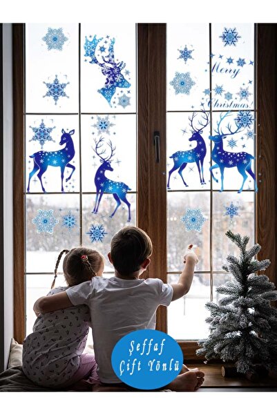 aiki Transparent Double-Sided, Blue Deer and Snowflakes, Christmas Decoration, Glass, Wall Sticker, 30 X 100cm