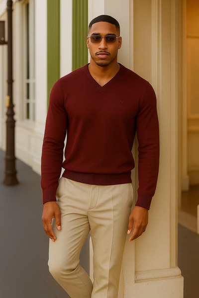 Maccali Men's Trend Casual Loose Long Sleeve V-Neck Burgundy Sweater