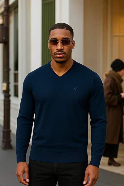 Maccali Men's Trend Casual Loose Long Sleeve V-Neck Navy Blue Sweater