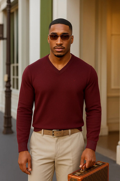 Maccali Men's Trend Casual Loose Long Sleeve V-Neck Burgundy Sweater