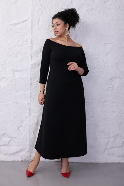 Madwilo Women's Black Wide Neckline Fakir Sleeve Pencil Stretchy Plus Size Dress