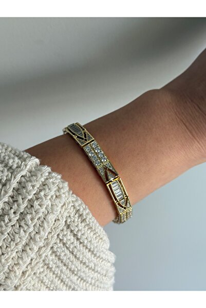 Owentis Çelik Gold Kuyumcu İşçilikli Gömme Taşlı Tasarım Trieste Bileklik -ka...