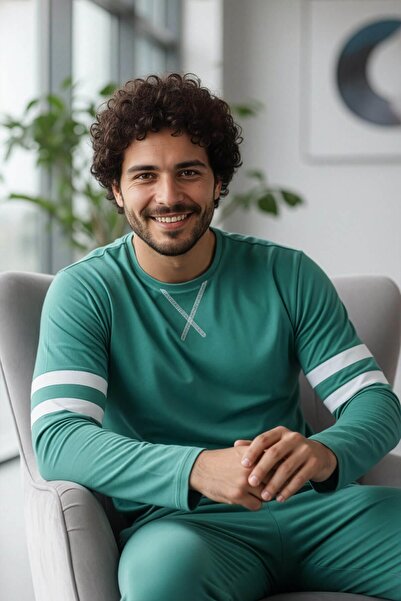 Pijamaevi Ανδρικό σετ πιτζάμες με μακρυμάνικο στυλ με μοτίβο τιρκουάζ γραμμής