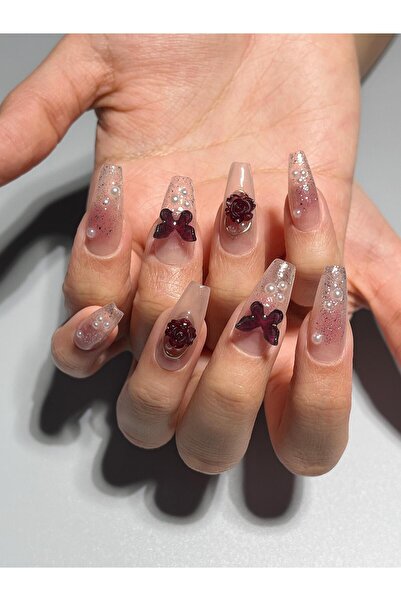 NailsTell 099xs Pembe Simli Ombre Kelebek Gül Protez Jel Takma Tırnak Ve Aksesuarlar