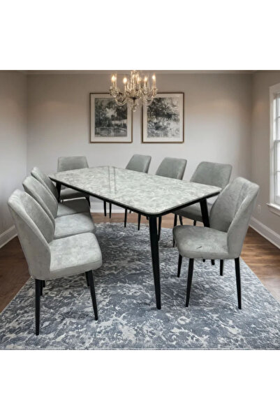 Tasamem Dafia Marble dining table with 8 chairs, boucle fabric