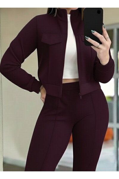 Pazarcan Women's Long Sleeve Front Zipper Short Modal Purple Jacket and Pants Two Piece Set