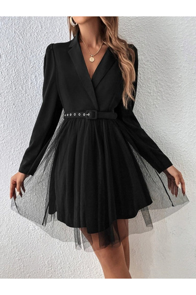 Kokosh moda Γυναικείο μακρυμάνικο φόρεμα με λαιμόκοψη και λεπτομέρεια ζώνης στη μέση, μίνι τούλι, εισαγόμενο κρεπ