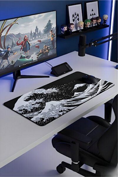 BLACK DEER 8 Different Model Stitched Edge 90X40 cm Digital Gamer Gaming Mouse Pad (White Japanese Wave)