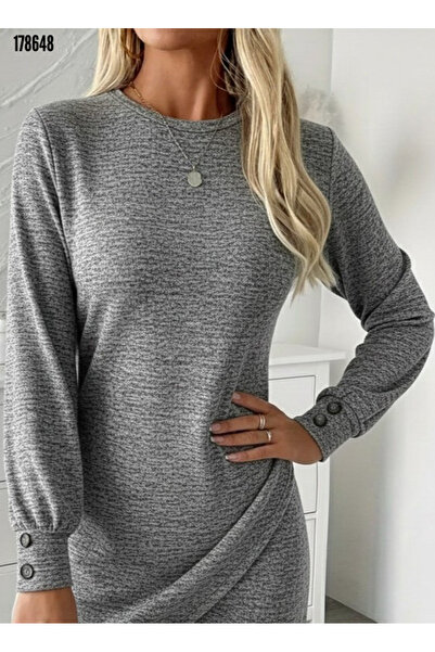 JANES Asymmetrical Mini Dress Long Sleeve Soft Winter Crew Neck