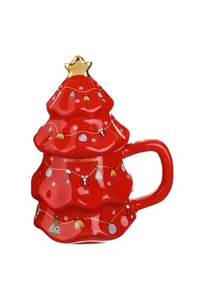 AB HOMES Christmas Ceramic Mug, Red Tree Design with Lid, 450 ml – Festive Elegance for Hot Drinks