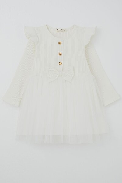 Breeze Κοριτσίστικο μακρυμάνικο φόρεμα με βολάν στους ώμους και λεπτομέρεια φιόγκου, ηλικία 3-8 ετών, εκρού