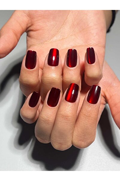 NailsTell L01 S Beden Kırmızı Düz Kedi Gözü Protez Jel Takma Tırnak Ve Aksesu...