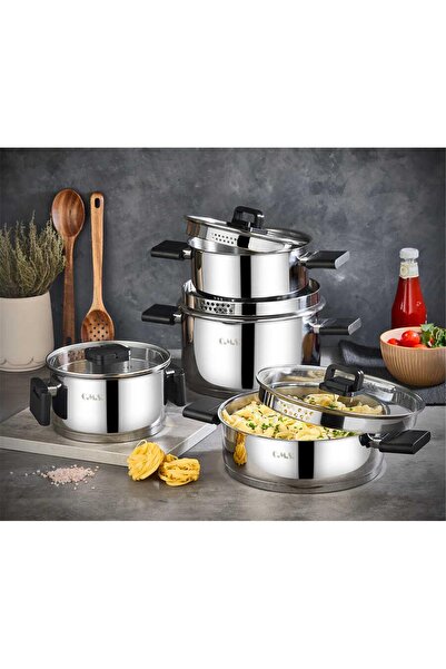 OMS Collection 8-Piece Foldable Handle Strainer Spout Induction Base Steel Cookware Set (1151)