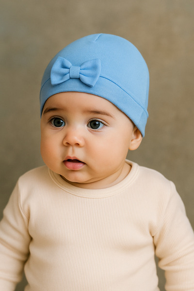 DaphKids قبعة أطفال من القطن العضوي مصنوعة من قماش ناعم مع فيونكة - أزرق