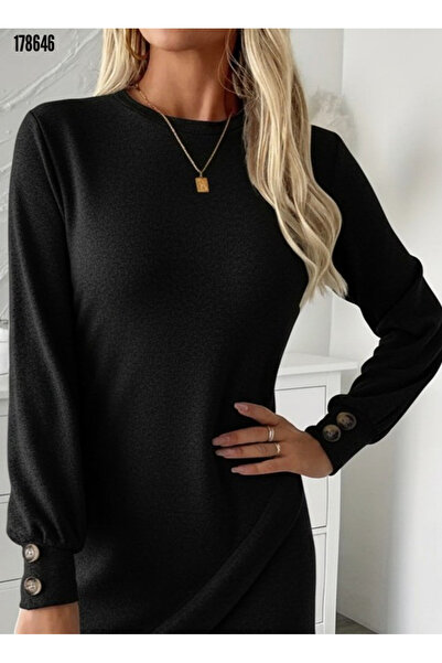 JANES Asimetrik Mini Elbise Uzun Kollu Yumoş Kışlık Bisiklet Yaka