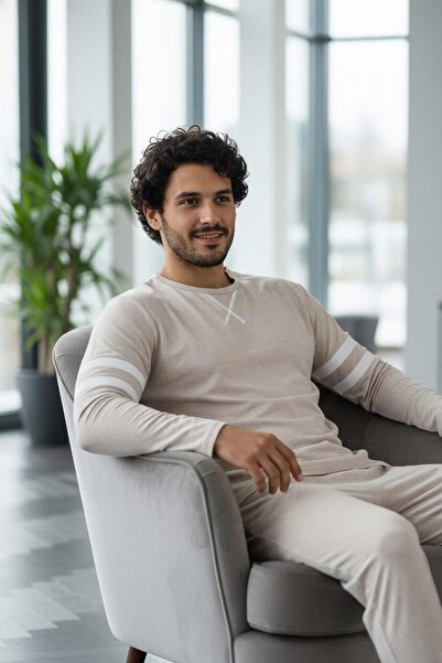 Pijamaevi Σετ πιτζάμες με μακρυμάνικο ανδρικό σετ με μοτίβο Ecru Line