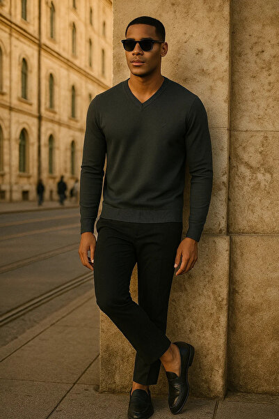 Maccali Men's Premium Comfort Casual Long Sleeve V-Neck Smoked Sweater