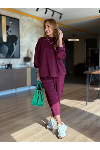 MİRALİS Women's Long Sleeve Crew Neck Viscose Two Thread Purple Blouse and Pa...