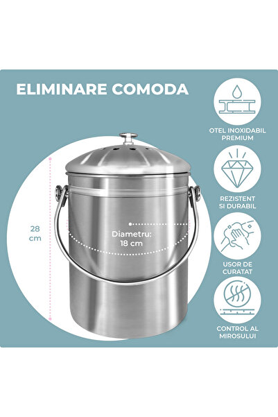 Elindor ® Waste Composting Basket, Capacity 4.9 L, 18 × 18 × 28 cm, Stainless Steel, Silver